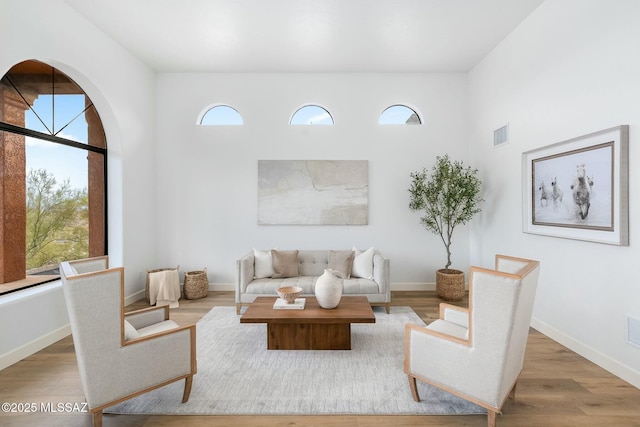 living room featuring plenty of natural light and light hardwood / wood-style flooring