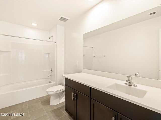 full bathroom with bathing tub / shower combination, vanity, and toilet