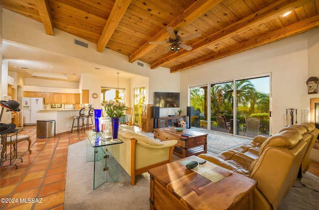 living room with wood ceiling, ceiling fan, beam ceiling, and light tile patterned flooring