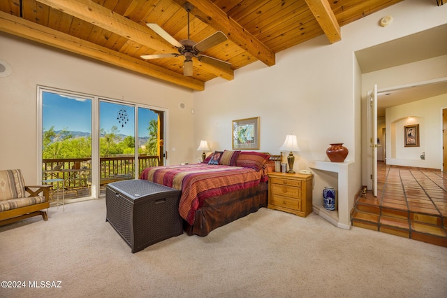 carpeted bedroom featuring beam ceiling, access to outside, wooden ceiling, and ceiling fan