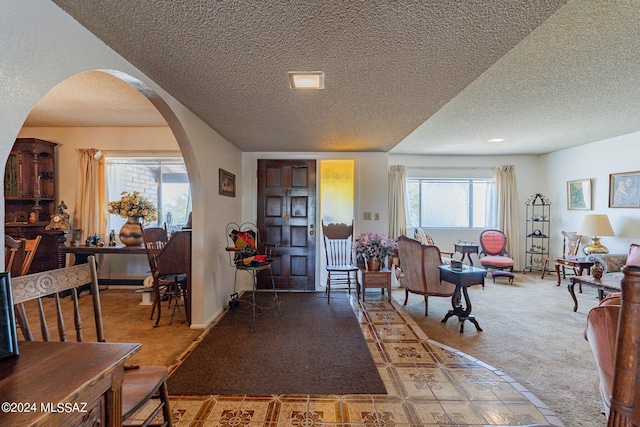 entryway with carpet floors and a textured ceiling