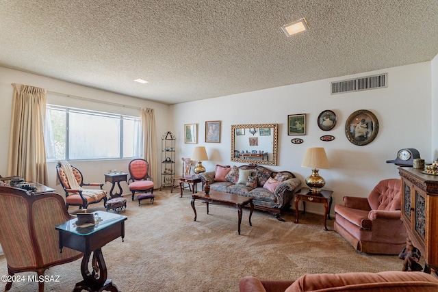 carpeted living room with a textured ceiling