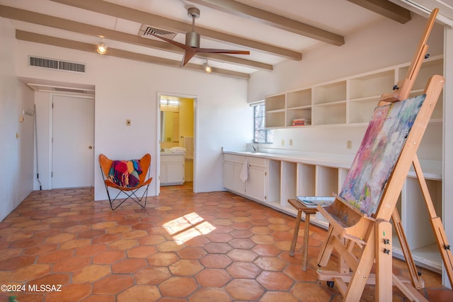 27 Circulo De Prado, Tubac, AZ 85646 - kitchen with beamed ceiling, white cabinetry, sink, and ceiling fan
