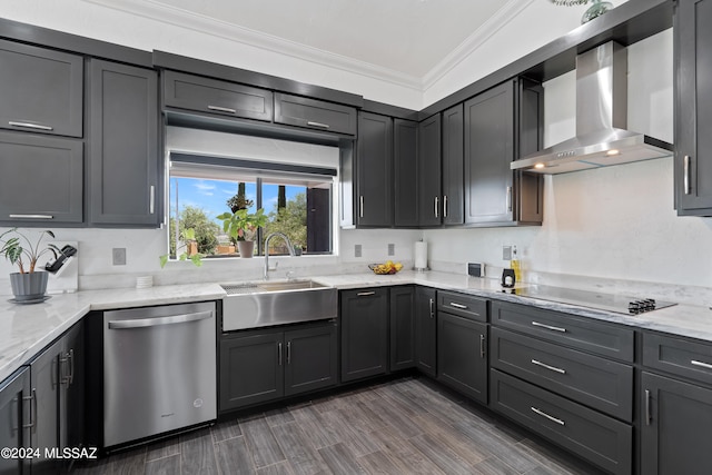 kitchen with wall chimney range hood, sink, stainless steel dishwasher, black electric cooktop, and ornamental molding