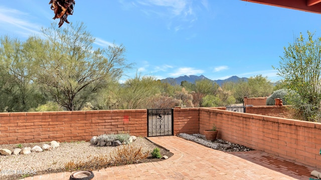 view of patio with a mountain view