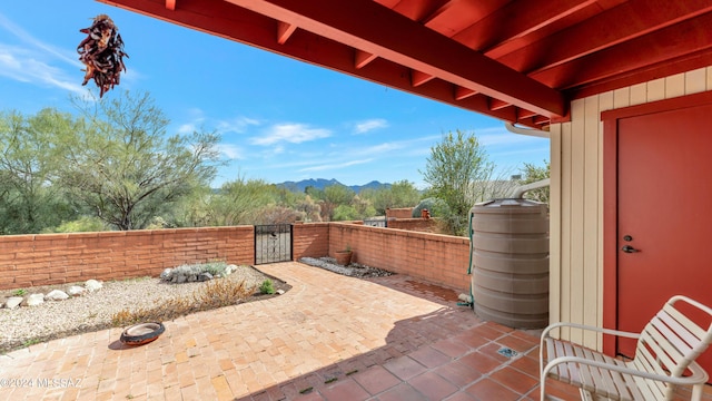 view of patio with a mountain view