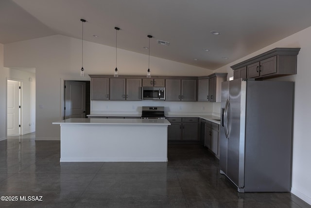 kitchen featuring stainless steel appliances, a center island, pendant lighting, and high vaulted ceiling