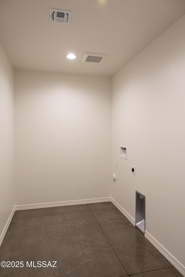 clothes washing area with hookup for a washing machine, electric dryer hookup, and hookup for a gas dryer