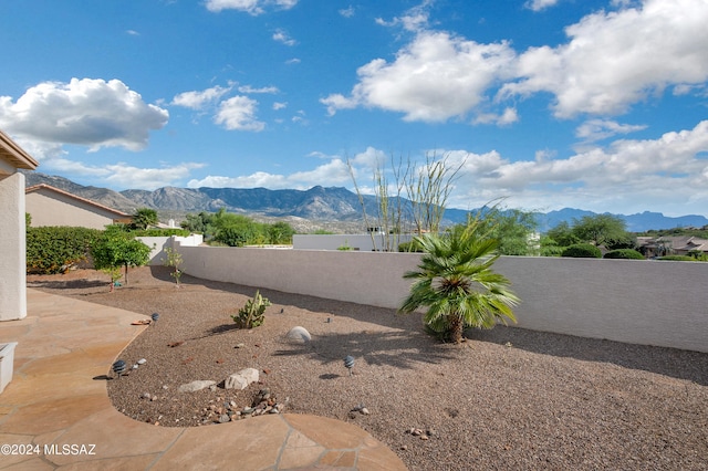 view of yard with a mountain view and a patio