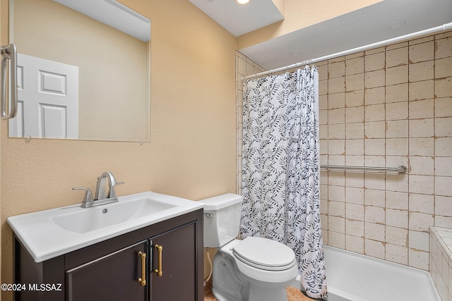 bathroom featuring toilet, walk in shower, and vanity