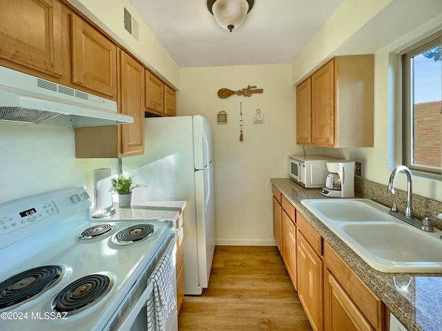 kitchen with white appliances, light hardwood / wood-style floors, and sink