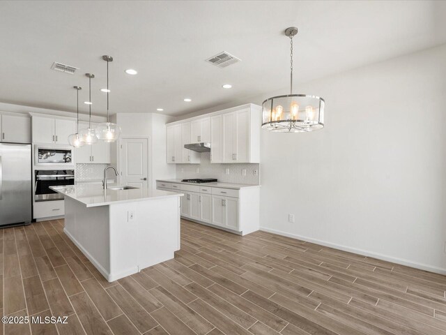 350 N Pecan Canyon Ln, Sahuarita, AZ 85629 - kitchen with built in appliances, a sink, under cabinet range hood, light wood-type flooring, and a chandelier