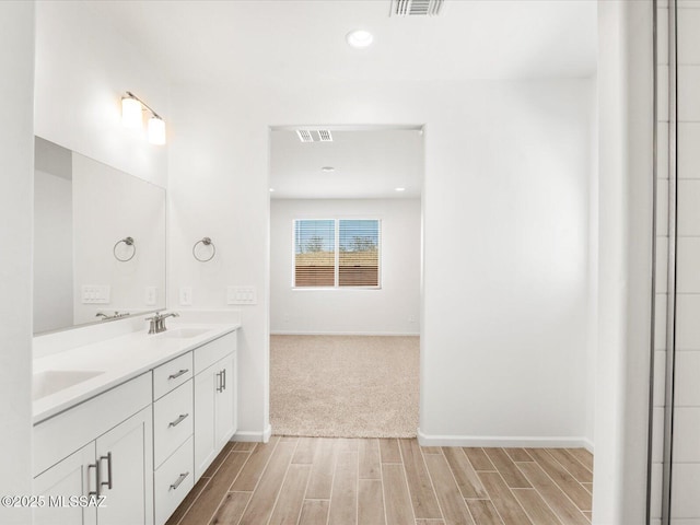 350 N Pecan Canyon Ln, Sahuarita, AZ 85629 - bathroom with double vanity, wood finished floors, baseboards, and recessed lighting