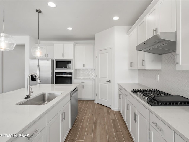 350 N Pecan Canyon Ln, Sahuarita, AZ 85629 - kitchen featuring appliances with stainless steel finishes, under cabinet range hood, a sink, white cabinetry, and light countertops