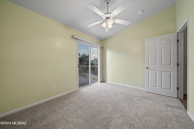 unfurnished bedroom featuring carpet flooring, lofted ceiling, access to outside, and ceiling fan