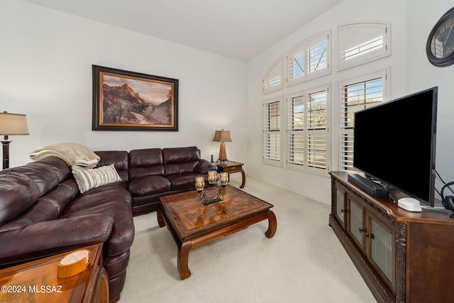 living room featuring light carpet