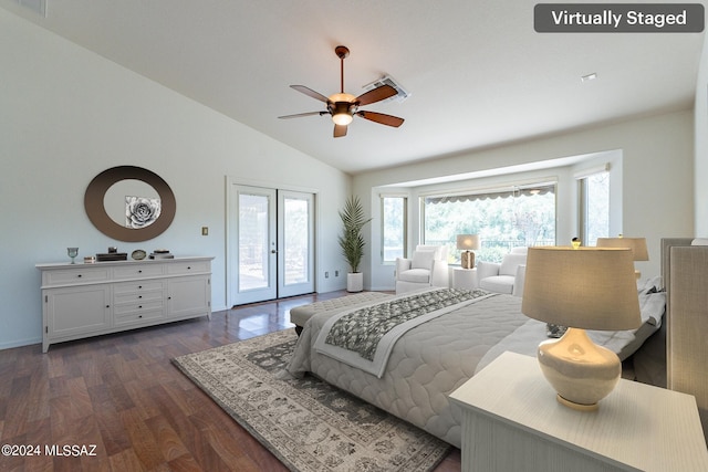 bedroom featuring lofted ceiling, french doors, access to exterior, dark hardwood / wood-style floors, and ceiling fan