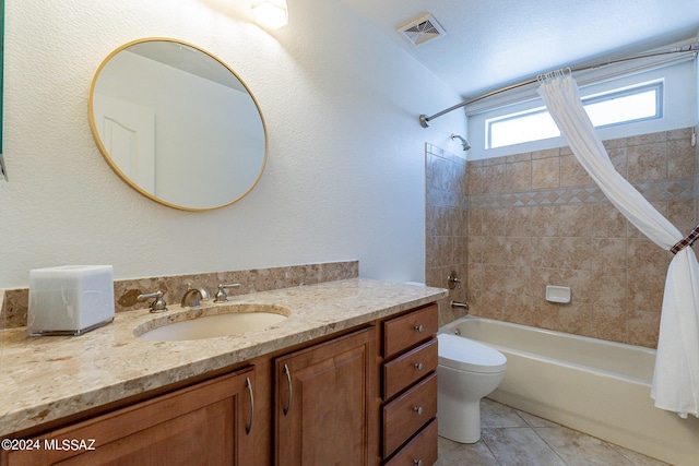 full bathroom with toilet, vanity, tile patterned flooring, and shower / bathtub combination with curtain