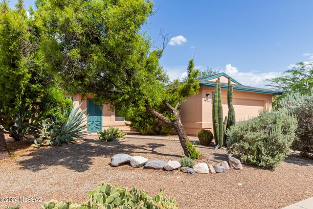 view of property hidden behind natural elements with a garage