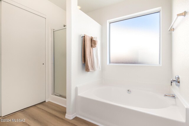 bathroom with plus walk in shower and hardwood / wood-style flooring