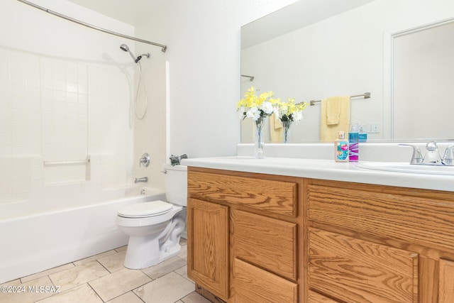 full bathroom featuring tub / shower combination, tile patterned flooring, vanity, and toilet