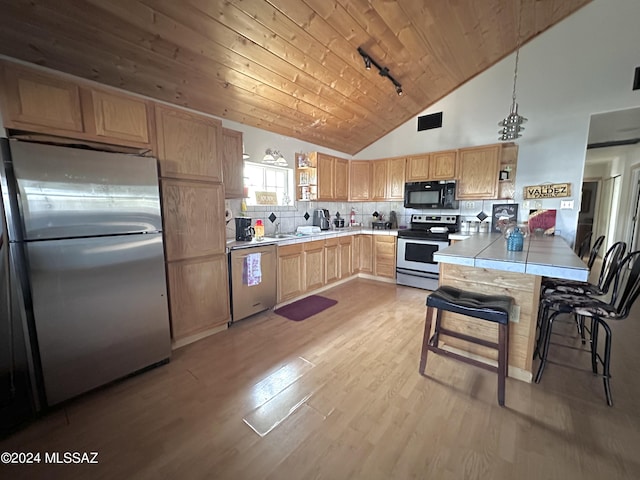 kitchen with pendant lighting, stainless steel appliances, tasteful backsplash, wooden ceiling, and light wood-type flooring