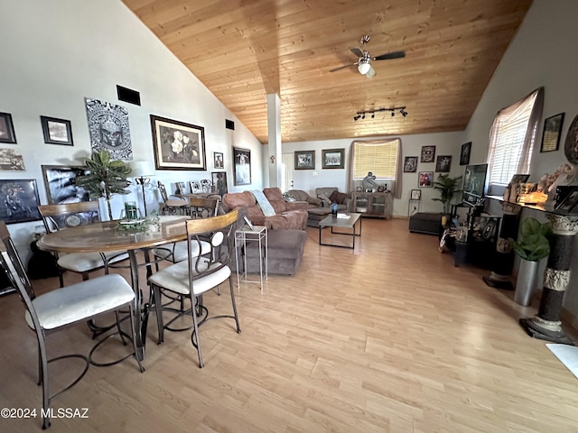 dining area with ceiling fan, high vaulted ceiling, wood ceiling, and light hardwood / wood-style floors