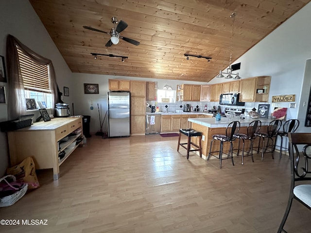 kitchen with wood ceiling, stainless steel appliances, kitchen peninsula, and light wood-type flooring