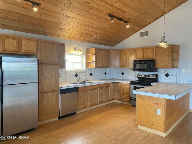 kitchen with sink, appliances with stainless steel finishes, hanging light fixtures, wooden ceiling, and kitchen peninsula