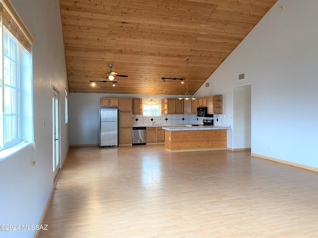 interior space with light hardwood / wood-style floors, high vaulted ceiling, and a wealth of natural light