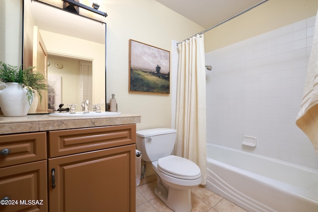 full bathroom featuring vanity, shower / tub combo, toilet, and tile patterned floors