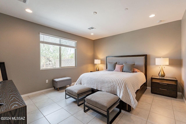 bedroom with recessed lighting, light tile patterned flooring, visible vents, and baseboards