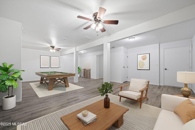 interior space with hardwood / wood-style floors, billiards, and ceiling fan