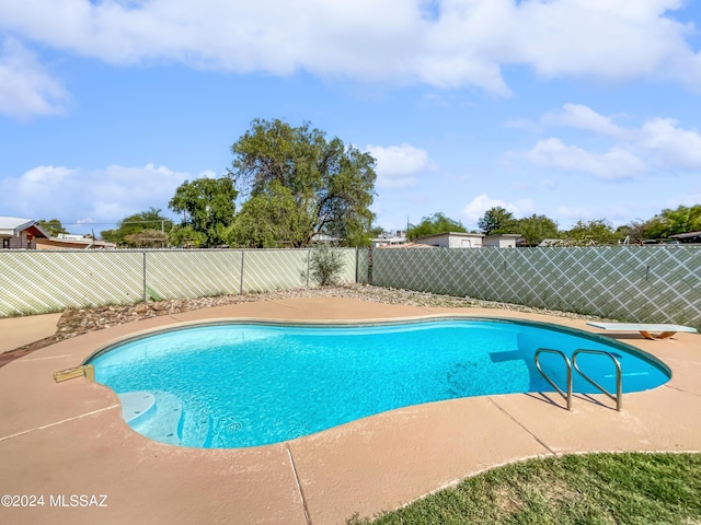 view of pool with a diving board and a patio