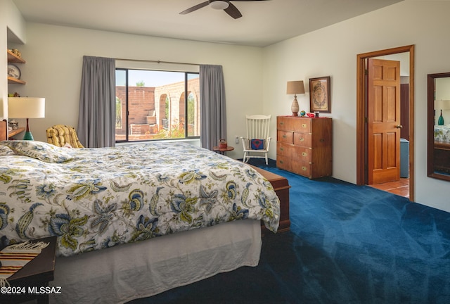 bedroom featuring ceiling fan and carpet floors