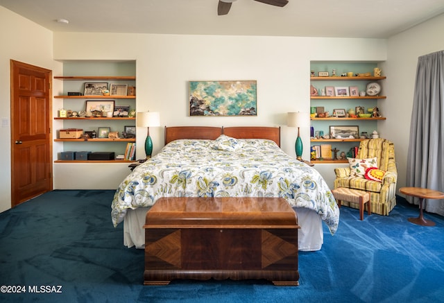 bedroom with ceiling fan and carpet floors