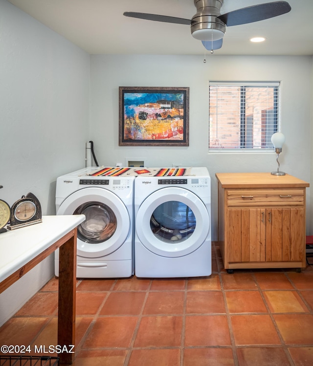 washroom featuring a ceiling fan, cabinet space, recessed lighting, separate washer and dryer, and tile patterned floors