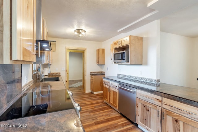 kitchen with hardwood / wood-style flooring, light brown cabinets, appliances with stainless steel finishes, and sink