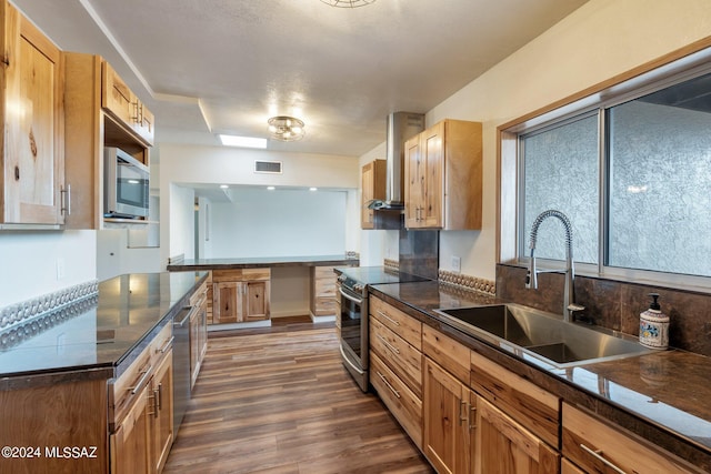 kitchen with sink, dark hardwood / wood-style flooring, extractor fan, and stainless steel appliances