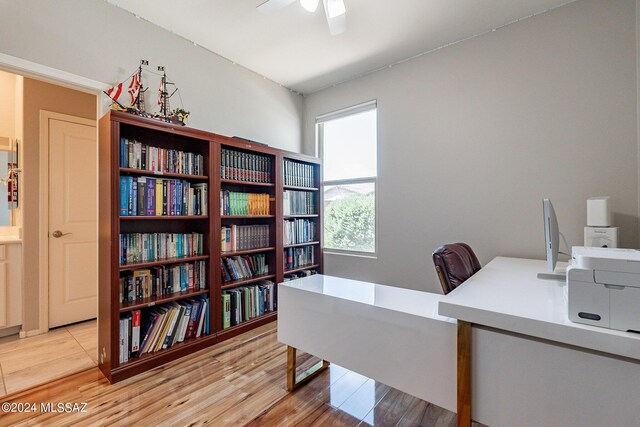 office space featuring hardwood / wood-style flooring and ceiling fan