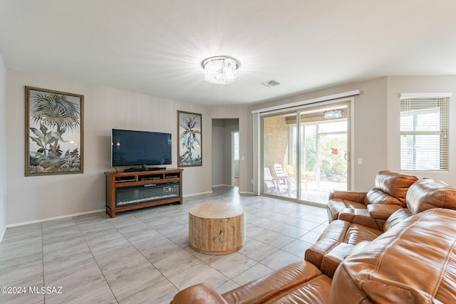 living room featuring light tile patterned floors