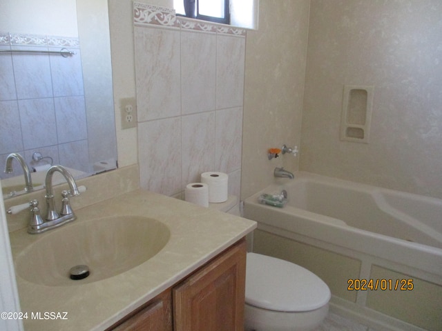 full bathroom featuring vanity, shower / tub combination, toilet, and tile walls