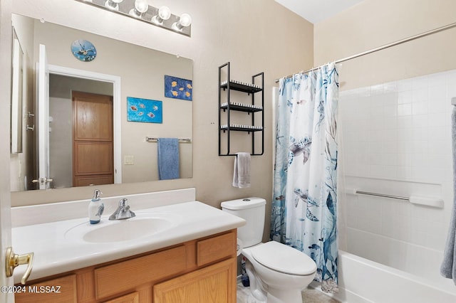 full bathroom featuring vanity, toilet, and shower / tub combo with curtain