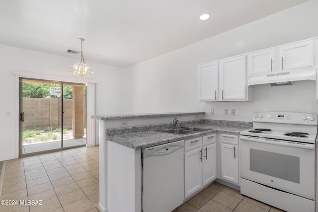 kitchen with white cabinetry, premium range hood, white appliances, and light tile patterned floors