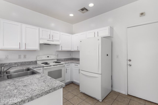 kitchen featuring light tile patterned flooring, white cabinetry, white appliances, and sink