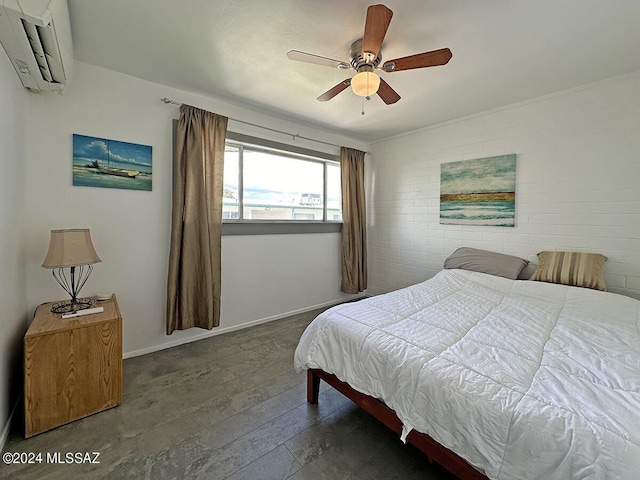 bedroom featuring a wall mounted AC, dark hardwood / wood-style floors, and ceiling fan