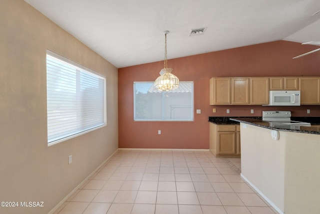 kitchen with vaulted ceiling, an inviting chandelier, hanging light fixtures, light brown cabinetry, and white appliances