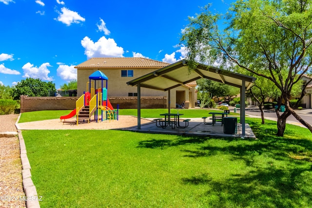 view of play area with a yard and a gazebo