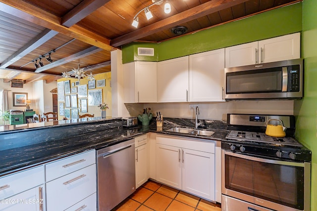 kitchen with white cabinets, appliances with stainless steel finishes, rail lighting, and sink