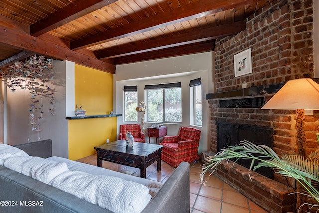 living room featuring a fireplace, wooden ceiling, light tile patterned floors, and beamed ceiling